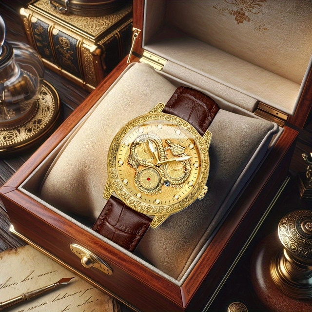 Armbanduhr Herren, Quarz, Gold, Leder, Leuchtzeiger - Bild 1