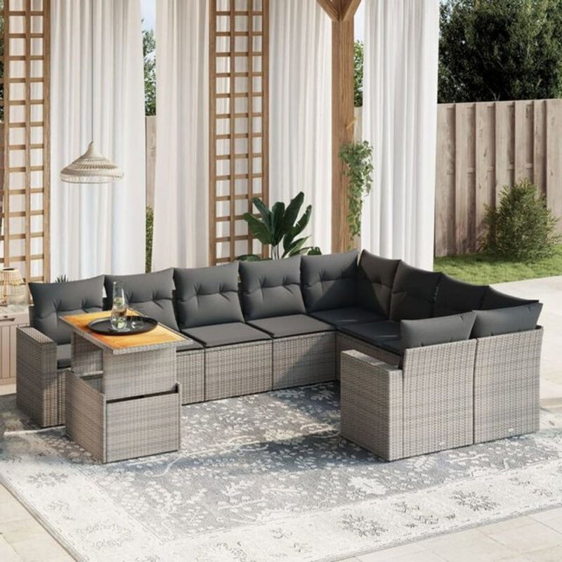 10-teilige moderne Garten-Sofagarnitur aus Poly-Rattan mit Kissen in Grau von vidaxl - Bild 1