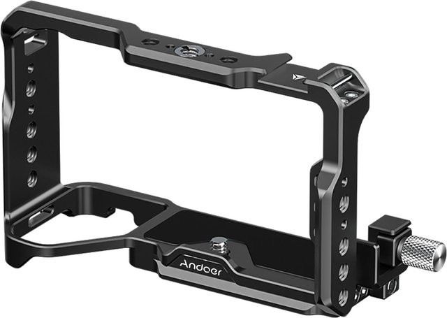 Andoer Kamera-Videokäfig aus Aluminiumlegierung mit Cold Shoe-Halterungen 1/4 Zoll und 3/8 Zoll in Schwarz für Sony A7C II und A7CR - Bild 1