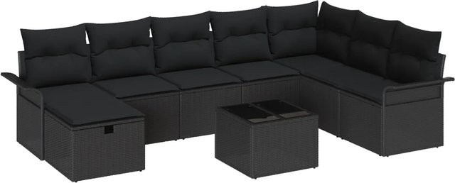 vidaXL Garten-Sofa-Set aus Poly Rattan in Schwarz, 9-teiliges Lounge-Set mit Polstern und Stauraumfunktion - Bild 1