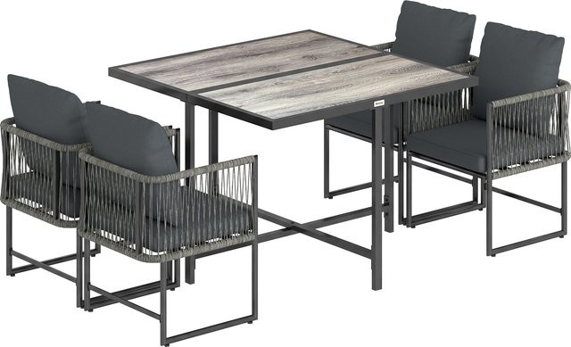 Outsunny Polyrattan Gartenmöbel Set 5-teilig mit Tisch und 4 Stühlen in Grau und Schwarz für Garten Balkon und Terrasse - Bild 1