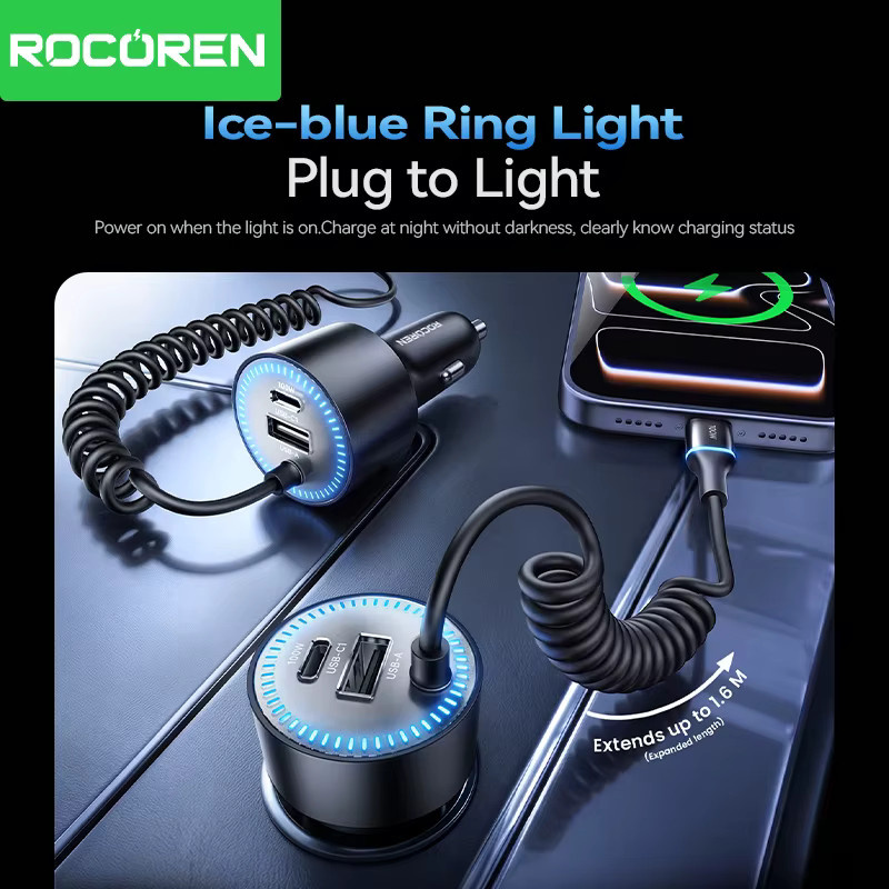 Rocoren 200W Autoladegerät mit PD100W USB Typ C und Federladekabel in Schwarz - Bild 4