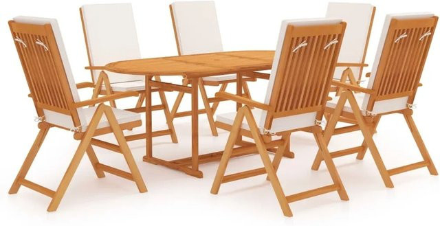 vidaXL Garten-Essgruppe Modell 3 aus Teak-Hartholz mit 7 Teilen und Kissen in Braun und Weiß - Bild 1