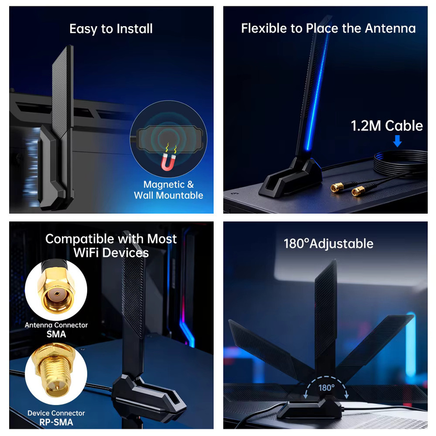 Fenvi Externe faltbare WiFi 6E WLAN-Antenne Tri-Band 2.4G/5G/6G mit 12dBi Magnetischem Hochleistungs-Signalempfänger für PCIE-Adapter, Schwarz - Bild 3