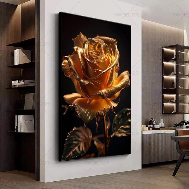 Potdemiel Leinwandbild mit abstrakten Blumen in Gold und Schwarz für deine moderne Wanddekoration - Bild 1