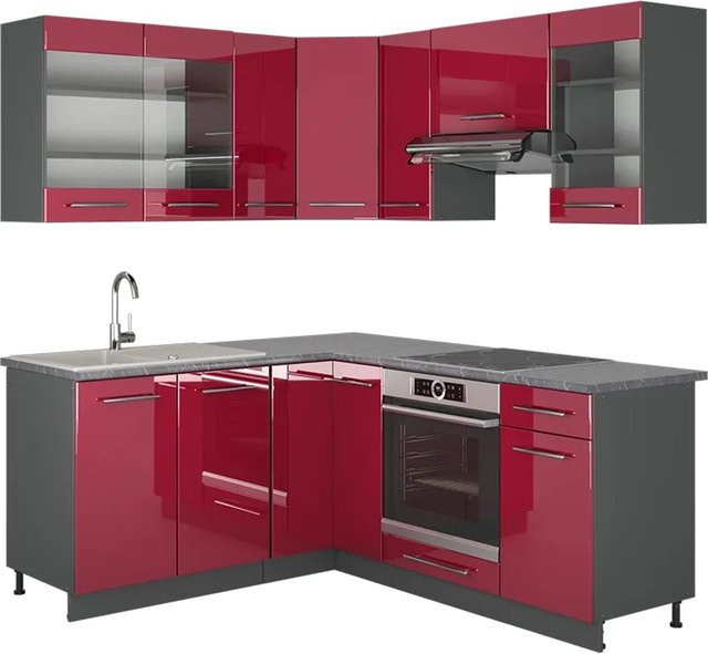 Vicco Fame-Line Eckküche in Bordeaux Hochglanz und Anthrazit, moderne Einbauküche mit Soft-Close-Türen, Breite: 160 cm, Tiefe: 190 cm - Bild 1