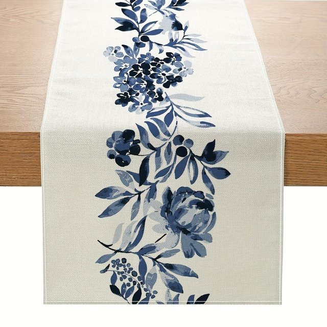 JINGYUE Pet Boho Tischläufer aus Leinen mit blauem Blumenmuster, Grau/Blau/Weiß, B/H: 33 x 150 cm - Bild 1