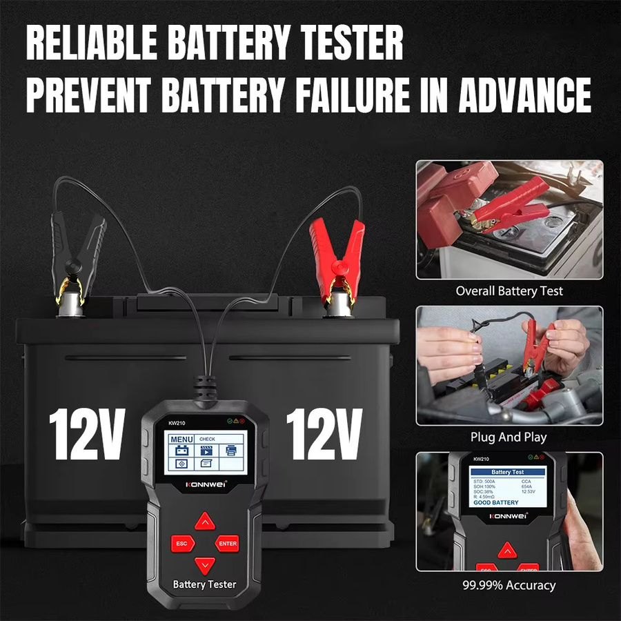 KONNWEI KW210 12V Auto-Batterietester, intelligenter Batterieanalysator für 100 bis 2000CCA Startstrom, Schwarz - Bild 3