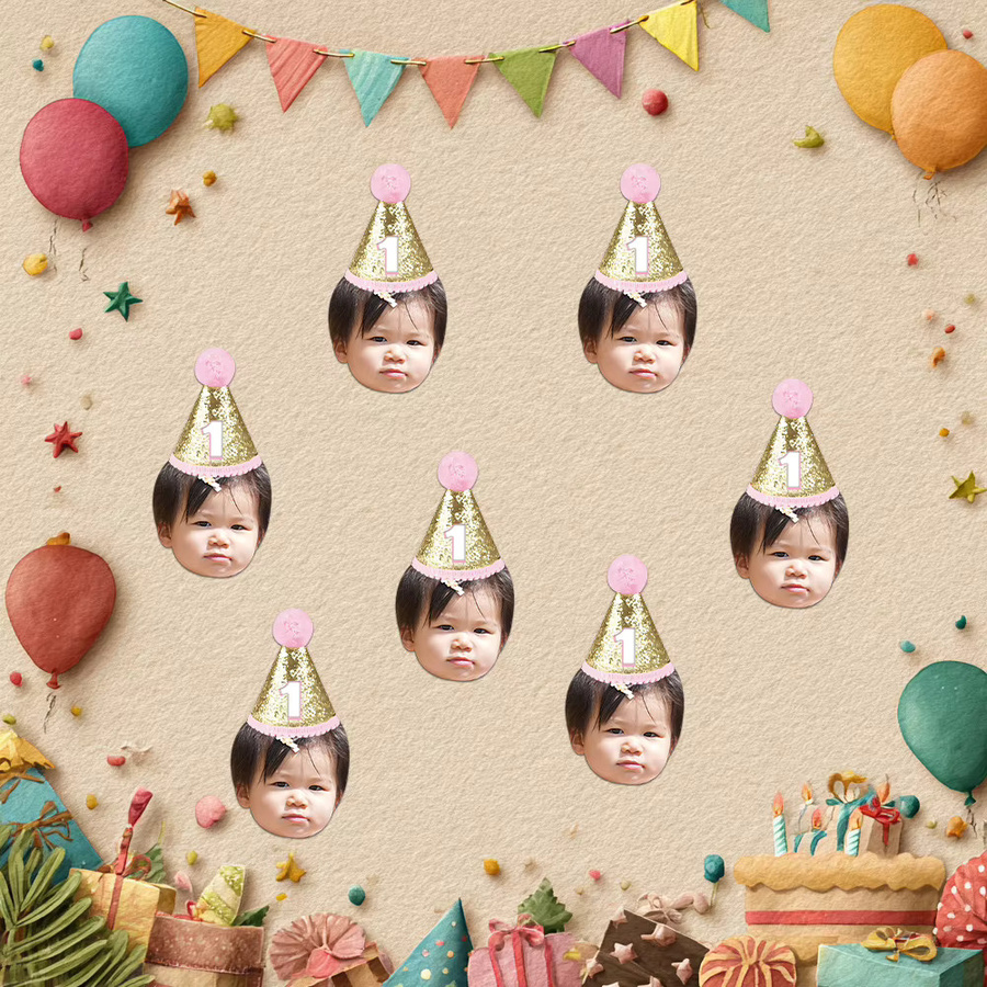 Individuelle Foto Aufkleber mit Glitzer Geburtstag Hut Design für deine Geburtstagsfeier, runde Klebeetiketten für Geschenke und Kindergeburtstage - Bild 2