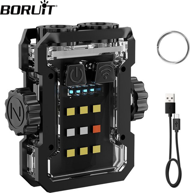 Boruit LED EDC Schlüsselbund Taschenlampe, schwarz, wiederaufladbar via Typ-C, mit Magnet und drehbarem Kopf sowie UV-Licht für Camping und Arbeit - Bild 1