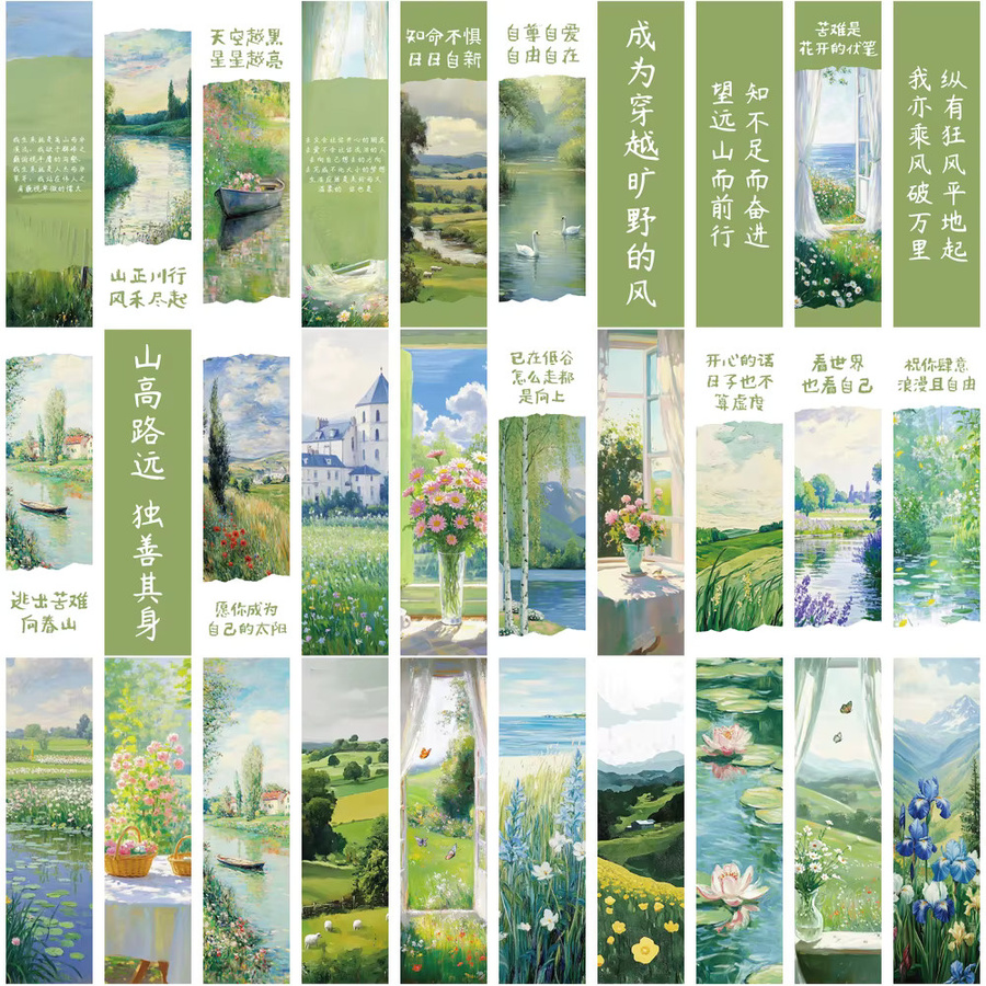 30er Set Ästhetische Lesezeichen mit Frühlingslandschaft in Grün und Multicolour aus Papier - Bild 3