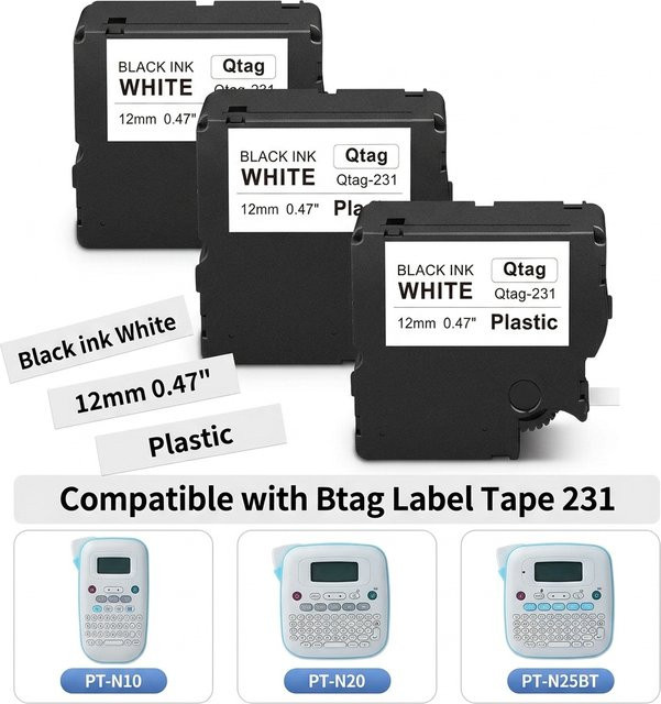 Btag Etikettenband Schwarz auf Weiß 12mm x 4m kompatibel mit Brother P-Touch PT-N10 und PT-N20 - Bild 1