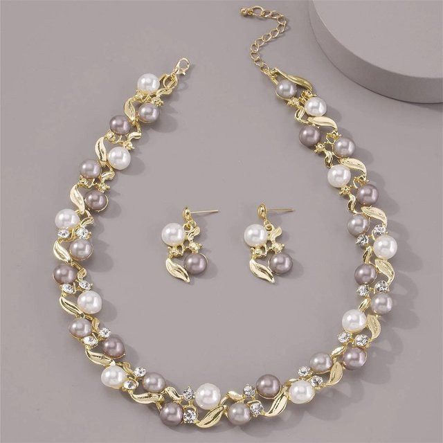 Schmuck-Set mit Halskette und Ohrringen, Kunstperlen, Strasssteine, Gold, Damen - Bild 1