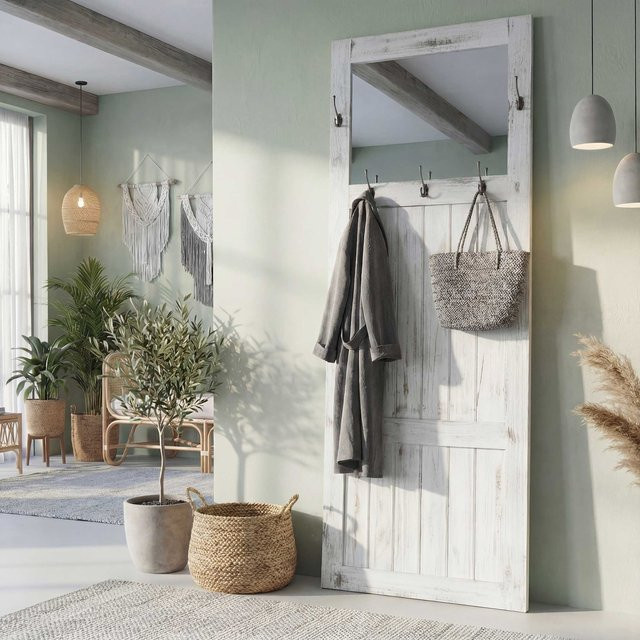 MCW Wandgarderobe mit Spiegel in Weiß im Shabby-Look aus Paulowniaholz, H x B x T: 180 x 65 x 7 cm - Bild 1