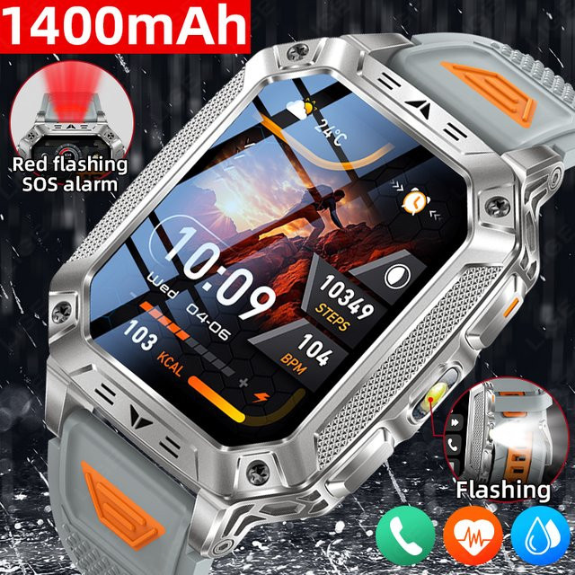 LIGE Militär-Smartwatch für Herren in Schwarz mit 1400mAh Akku, Fitness-Tracker und LED-Taschenlampe, wasserdicht, kompatibel mit Android und iOS - Bild 1