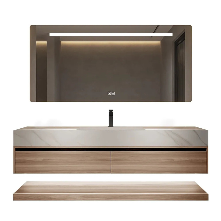 360Home Waschtisch Set Weiß mit Sinterstein Arbeitsplatte in Holzoptik, Unterschrank und Spiegelschrank mit LED-Beleuchtung und Anti-Beschlag-Funktion, B/T/H: 120 x 55 x 50 cm - Bild 2