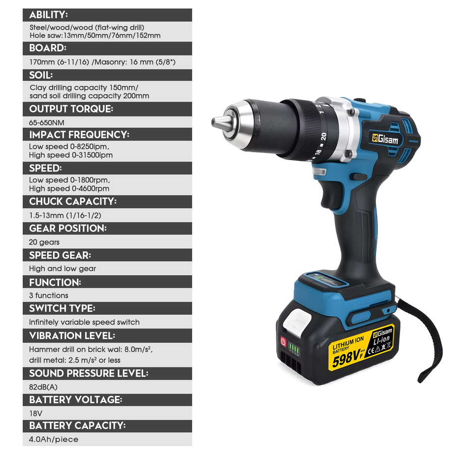 Gisam Elektrischer Schlagbohrer 650NM mit 13mm Bohrfutter, Bürstenloser Akku-Schlaghammerbohrer für Makita 18V LXT, Blau - Bild 6