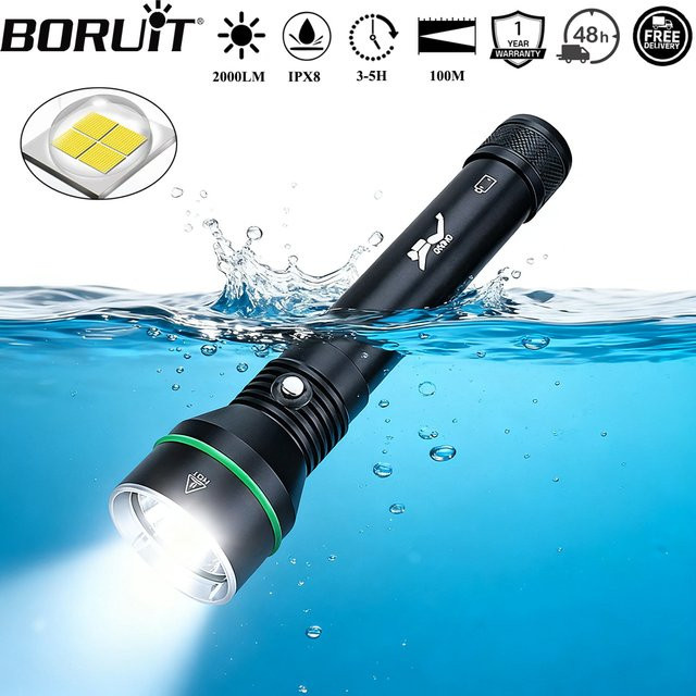 BORUiT S5 LED Unterwasser Taschenlampe mit 2000 Lumen, IPX8 Wasserdicht, Schwarz - Bild 1