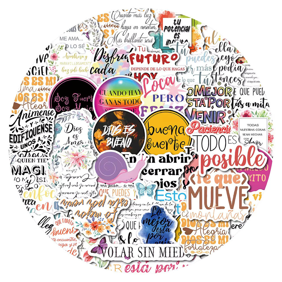 Spanische inspirierende Zitate Aufkleber mit Cartoon motivierenden Phrasen in Multicolor für Scrapbook, Handyhüllen und Gepäck - Bild 2