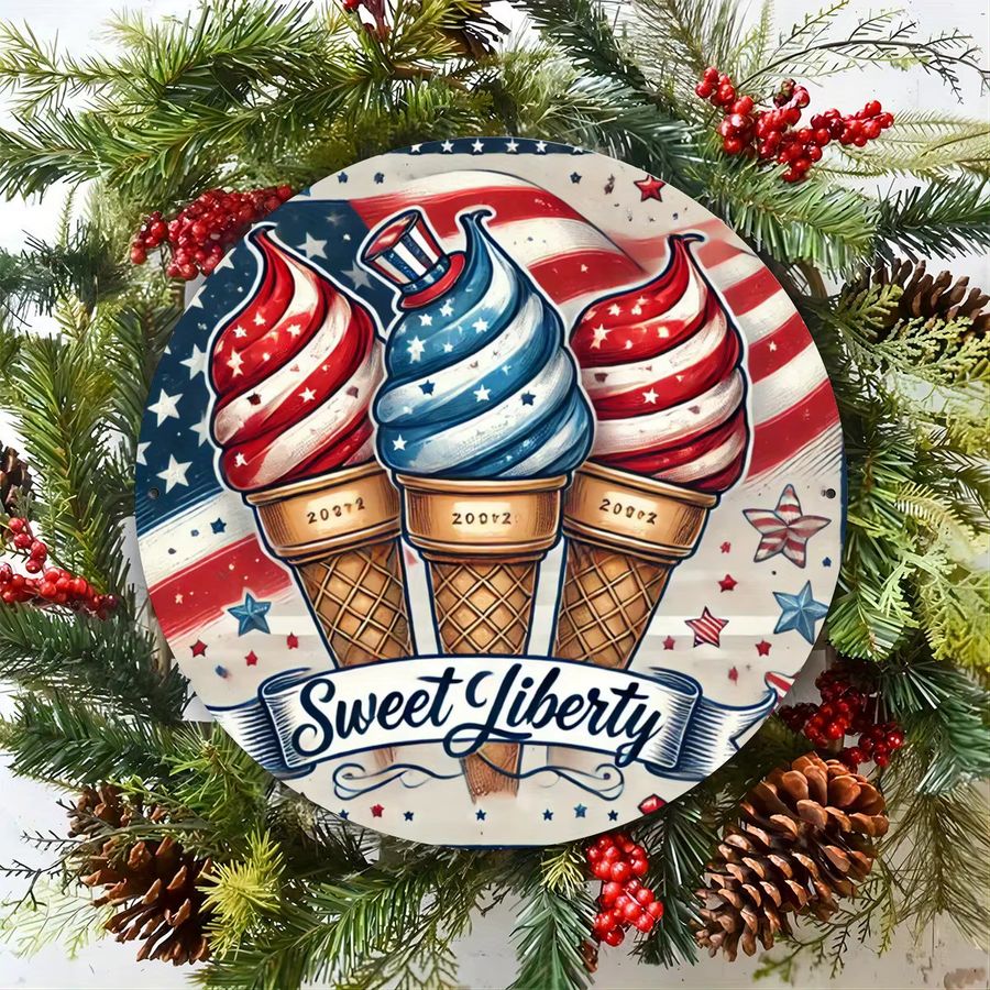 Rundes Metall-Wandschild von Potdemiel mit amerikanischer Flagge und Sweet Liberty Design, Durchmesser: 19,8 cm - Bild 4