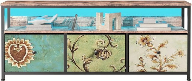 PXloue TV-Schrank mit 3 Schubladen, offenen Fächern und verstellbarer LED-Beleuchtung in Braun und Schwarz, B/T/H: 137 x 30 x 57 cm - Bild 1