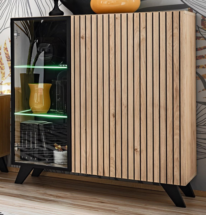 Vitrinenschrank Lines in Eiche und Schwarz mit Glastüren und integrierter Beleuchtung, B: 90 cm, H: 102 cm, T: 40 cm - Bild 1