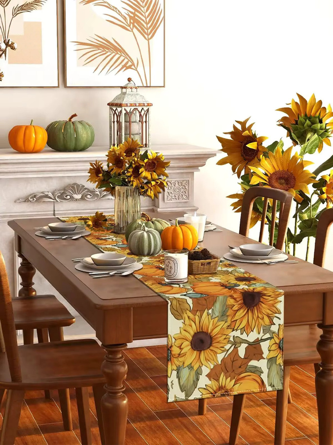 VIKAMA Tischläufer mit Aquarell-Kürbis- und Sonnenblumen-Motiv in Mehrfarbig, Landhausstil Herbst-Dekoration, B/H: 90,0 x 33,0 cm - Bild 6