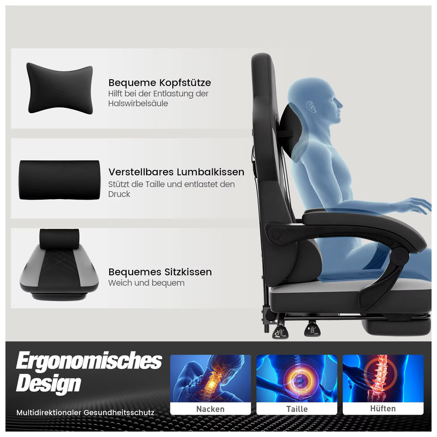 WOTSTA Gaming-Stuhl in Schwarz-Grau, ergonomischer Renncomputerstuhl aus Kunstleder mit Kopfstütze und Armlehnen, höhenverstellbar und 360 Grad drehbar - Bild 3