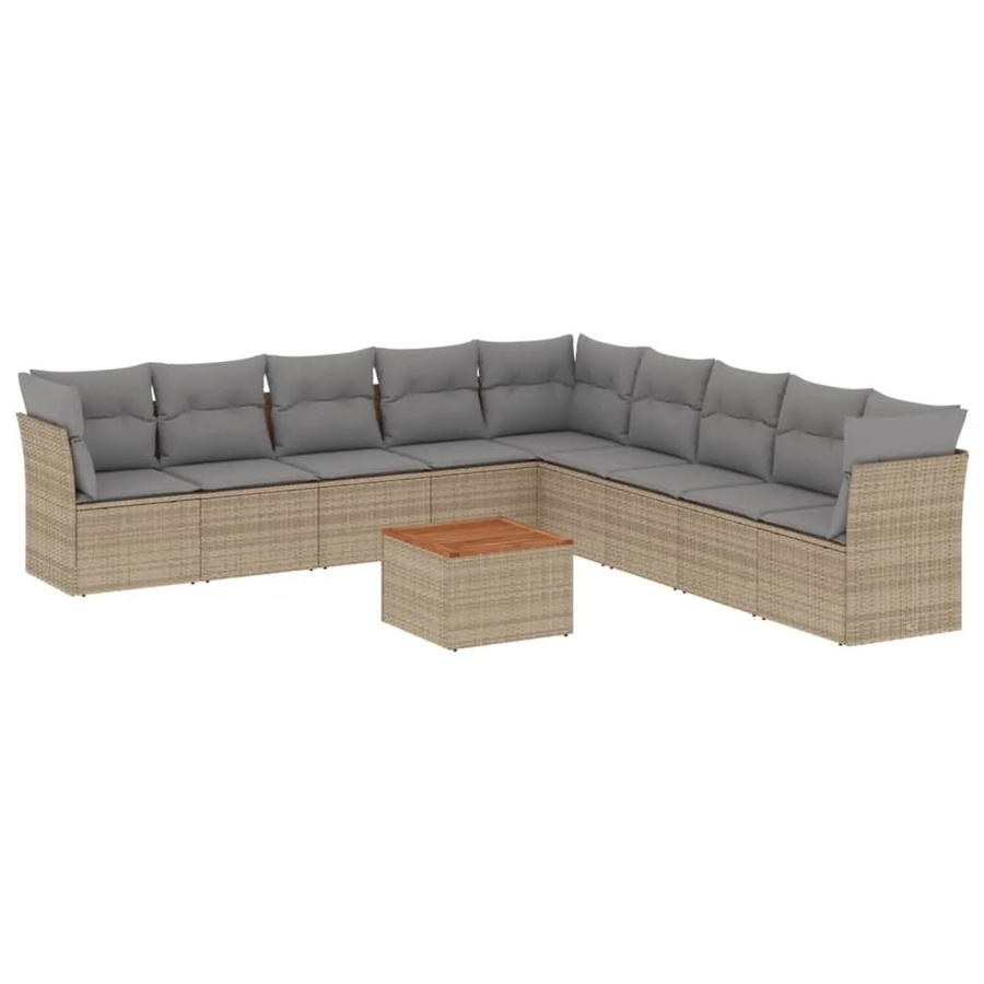 vidaXL 10-tlg. Garten-Sofagarnitur in L-Form aus Polyrattan und Akazienholz mit Kissen in Beige - Bild 2