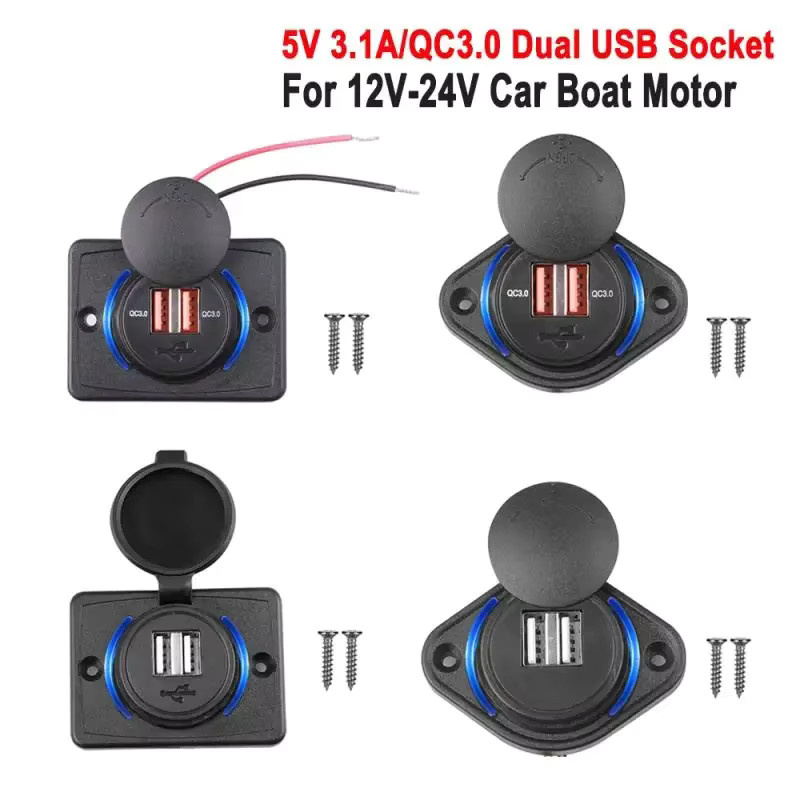 Kebidumei Dual USB Ladegerät mit QC 3.0 und USB-A für Auto und Motorrad, Wasserdichtes Adapter Panel für 12V 24V, Schwarz - Bild 1