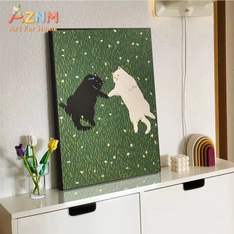 Potdemiel Leinwandgemälde mit lustigen Cartoon-Katzen und Pflanzen in Mehrfarbig, Wandkunst Poster für dein Wohnzimmer ohne Rahmen - Bild 2
