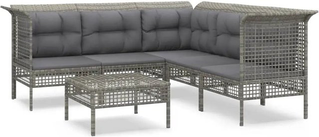 vidaXL 6-tlg Garten-Lounge-Set Modell 60 in Grau mit Kissen und Ottoman aus Poly Rattan und Metall - Bild 1
