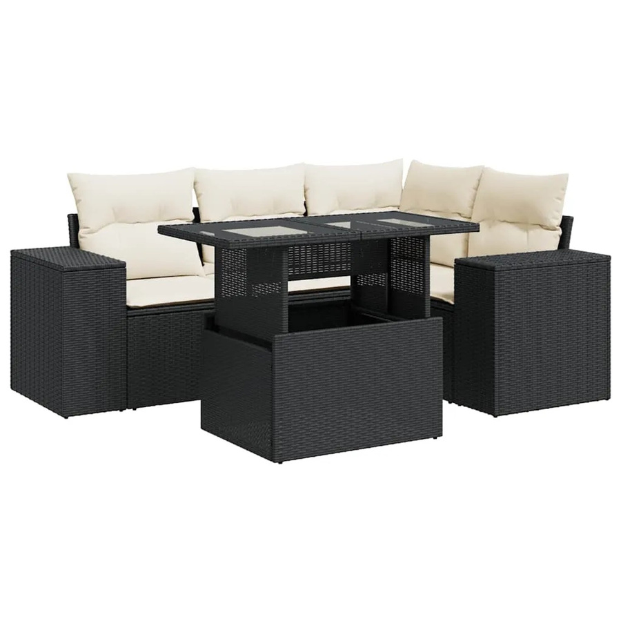 vidaXL 5-teilige Garten-Sofagarnitur in L-Form aus Poly-Rattan mit Kissen in Schwarz-Creme - Bild 2