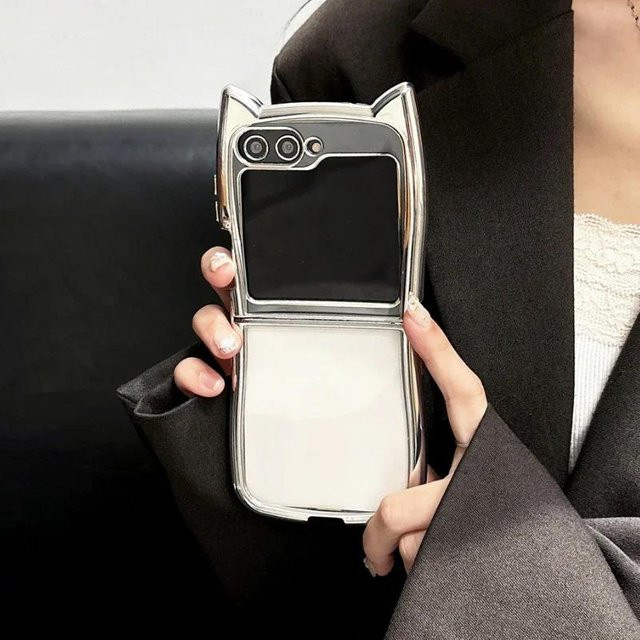 Transparentes 3D Katzenohr Case für Samsung Galaxy Z Flip 3, 4, 5 und 6 5G, Stoßfeste Hülle in Silber - Bild 1