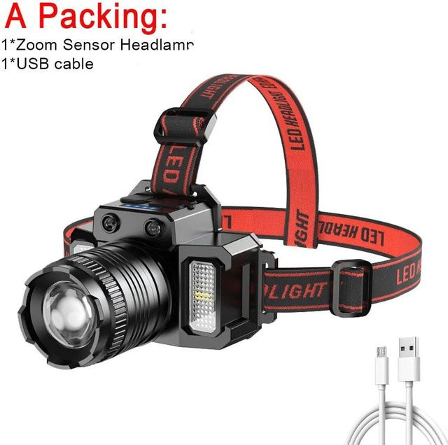 Meiteai-Home 5-in-1 Sensor-Stirnlampe für Camping und Outdoor, wiederaufladbare Kopfleuchte mit Bewegungssensor in Schwarz - Bild 1