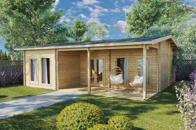 Blockhaus Hansa Holiday D mit drei Schlafzimmern als großes Gartenhaus aus Holz, 9 x 8 m - Bild 1