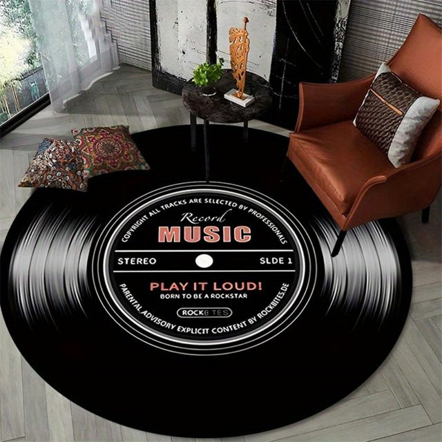 VIKAMA Vintage Vinyl-Schallplatten-Rundteppich in Schwarz mit rutschfester Polsterung für Wohnzimmer und Schlafzimmer, Durchmesser: 60 cm - Bild 1