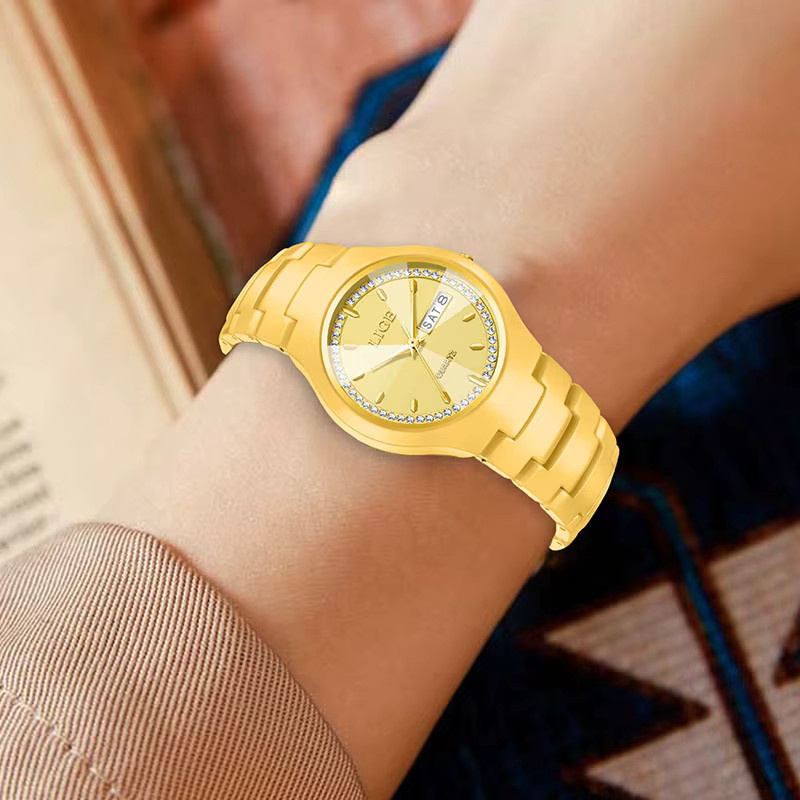 LIGE Armbanduhr Keramik, Gold, Quarz, Damen, Wochentag, Datum - Bild 5
