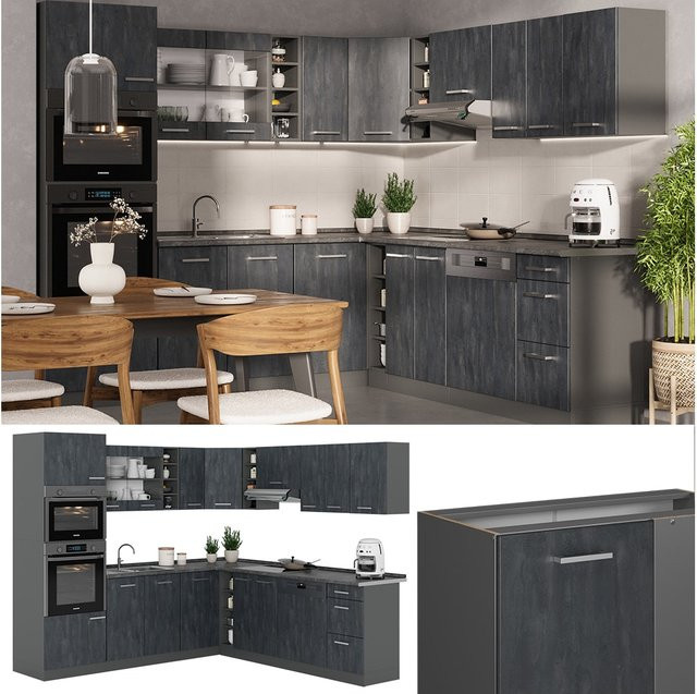 Vicco R-Line Eckküche in L-Form, Schwarz Beton Anthrazit, ohne Arbeitsplatte - Bild 1