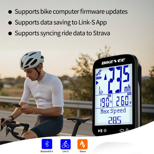 Bikevee Fahrradcomputer mit Bluetooth 5.4 und ANT+ Link-S App, GPS-Fahrradtacho und Kilometerzähler in Schwarz - Bild 1