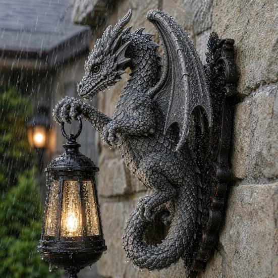 WillowEagle Solar Drache Wandleuchte Außen Vintage Harz Skulptur in Bronze und Schwarz mit LED und Dämmerungssensor - Bild 3