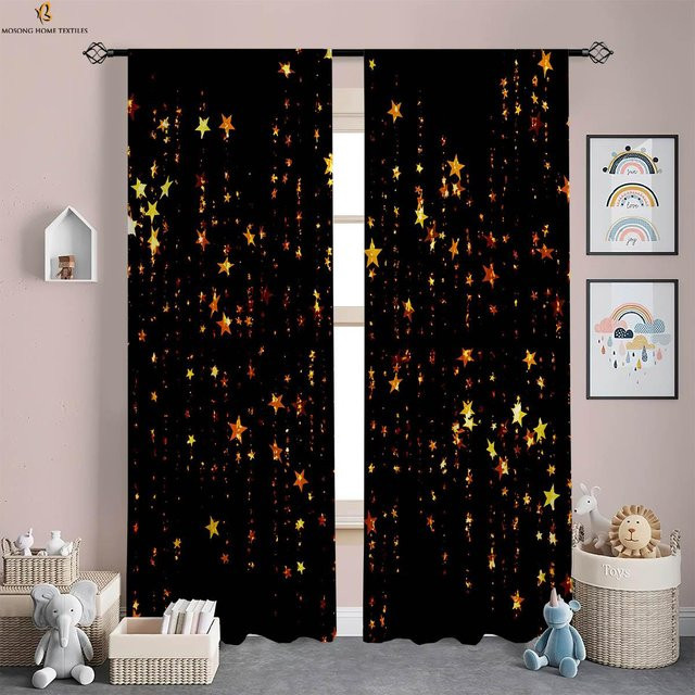 Yiran Furniture Dekorative Regenbogen Vorhänge mit Sternen-Print, Rosa und Schwarz, halbtransparent, 2 Stück, Breite: 50 cm, Höhe: 130 cm - Bild 1