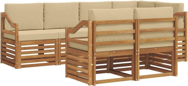 vidaXL Sofagarnitur 7-teilig aus Massivholz Akazie in Natur und Beige mit L-Form und Sitzkissen - Bild 1