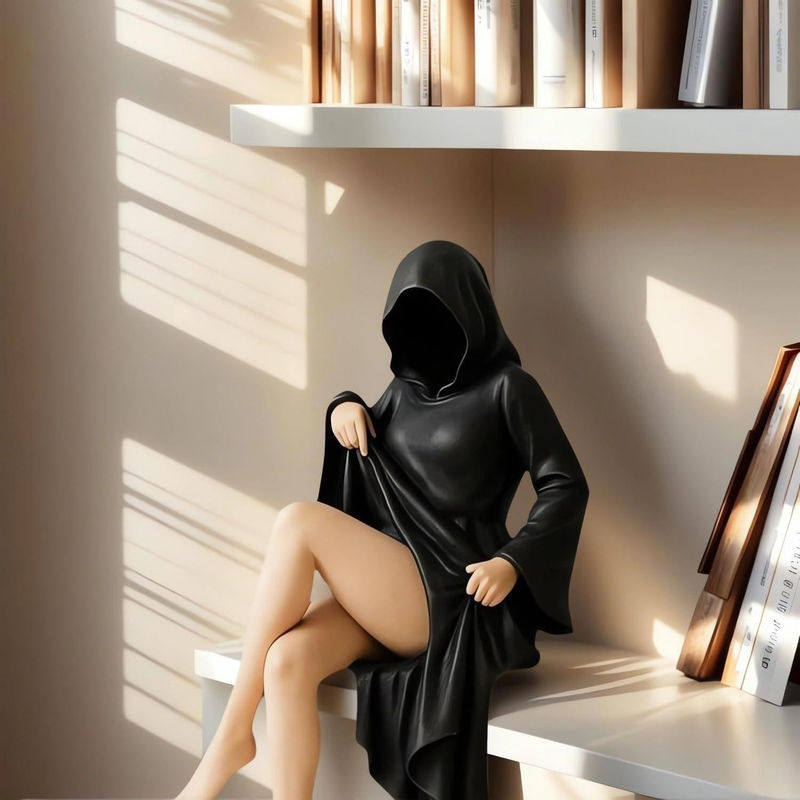 Geheimnisvolle Dame Skulptur von Fashnics in Schwarz aus Kunstharz als gotisches Schreibtischornament für Wohnzimmer und Büro - Bild 6