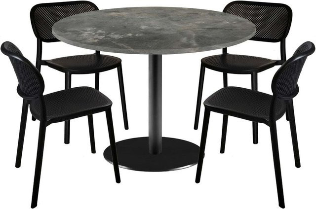 RestooTab Esstisch-Set Rome XL mit 4 Stühlen, runder Esstisch in Graublau mit schwarzem Gestell, Dekor Stein, Durchmesser: 120 cm, Höhe: 75 cm - Bild 1