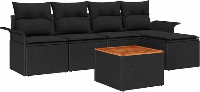 vidaXL Garten-Sofa-Set 6-tlg. aus Polyrattan in Schwarz mit Ottomane, Couchtisch und Polsterkissen für Garten, Terrasse oder Balkon - Bild 1