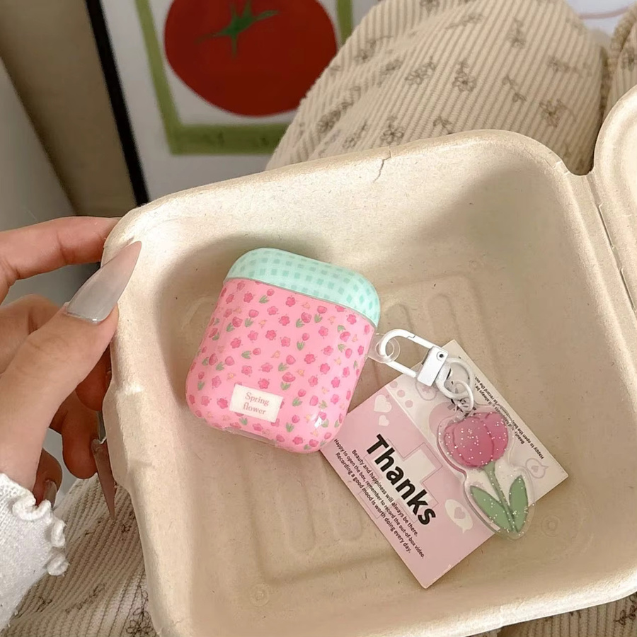 Apple AirPods Schutzhülle mit grünem Karomuster und Tulpen-Blumenmuster sowie Tulpen-Anhänger in Grün, Pink und Multicolour für AirPods 1, 2, 3, 4, Pro 2 und Pro 3 - Bild 3