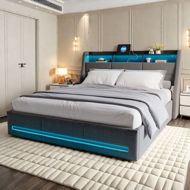 Rosahqnda Polsterbett in Grau mit LED-Kopfteil, USB-Anschluss und hydraulischem Stauraum, B/T: 160 x 200 cm - Bild 4