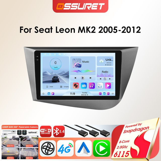 OSSURET 8-Kern 6115 Android Autoradio mit GPS und kabellosem Carplay für Seat Leon 2 MK2 1P1 2005 - 2012 in Schwarz, 2DIN Multimedia-Player - Bild 1
