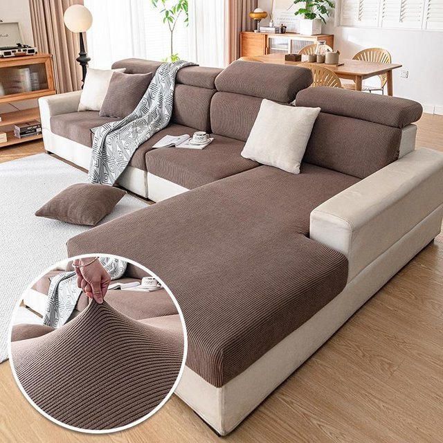 Elastischer Jacquard Sofabezug in Braun für L-Form Sofas und Rückenkissen, weicher Stretchbezug aus Polyester - Bild 1
